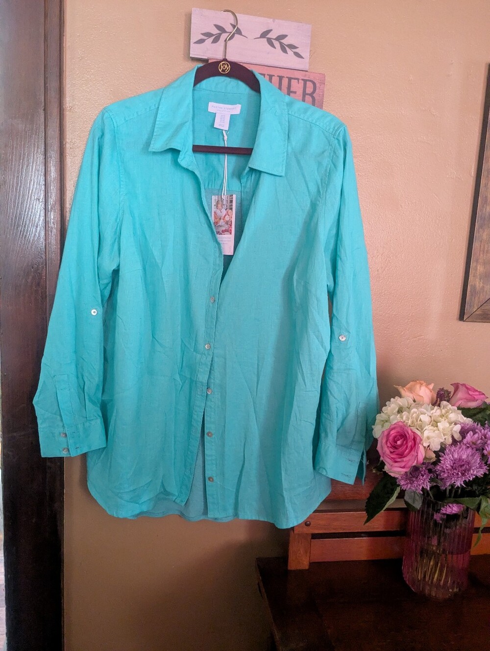 Martha Stewart Turquoise/Seafoam Green Button Up Linen Top  Women's 1x